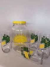 4 Vintage MCM Libbey Big K Iced Tea 22 oz Glass Tumblers & Yellow Sun Tea Jar