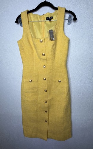 J. Crew Yellow Sophia Sleeveless Midi Dress Tweed Old Money Size 0 Wool Blend C1 - Picture 2 of 12