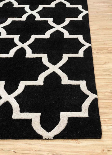 Hand Tufted Moroccan Trellis Area Rug Black White Geometric Pattern Carpet - Picture 4 of 6