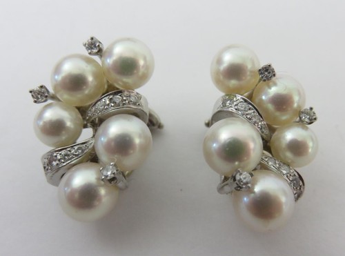 Orecchini Vintage 6mm Perle e Diamanti Oro Bianco 14K Omega Clip 1" 12,5 grammi - Foto 2 di 6