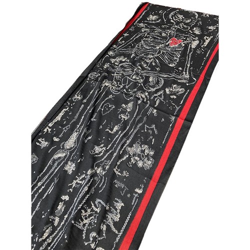 NEW $1,020 ALEXANDER MCQUEEN Black Wool Blend SKELETON GRAFFTI HEART Stole SCARF - Picture 2 of 15