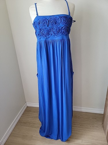 INC Beach Maxi Dress XL Blue Removeable Spaghetti Strap Stretchy Flowy Pockets