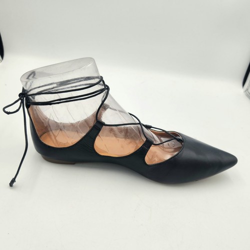 J Crew Factory Lace Up Ballet Flat Shoes Point Toe Black Leather Womens 7.5 - Picture 6 of 16