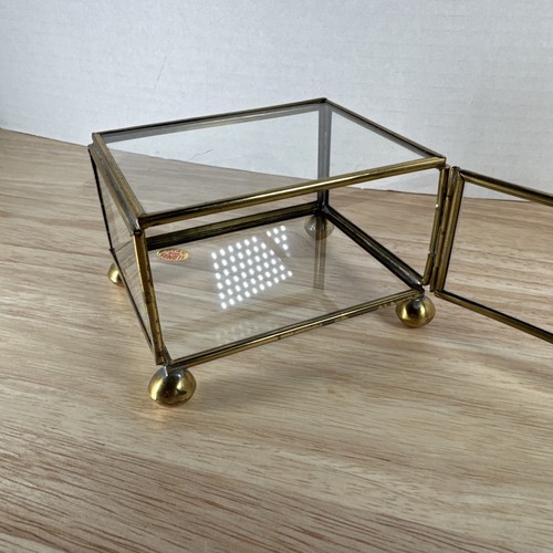Messing & Glas kleine Schmuck Vitrine Fuß geätzt Deckel Spiegel Boden 4”x3” - Bild 9 von 9