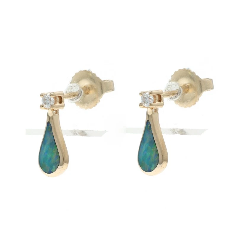 Pendientes colgantes cortos de diamantes de ópalo negro Kabana - oro amarillo con incrustaciones de 14 k perforadas Foto 3 de 4