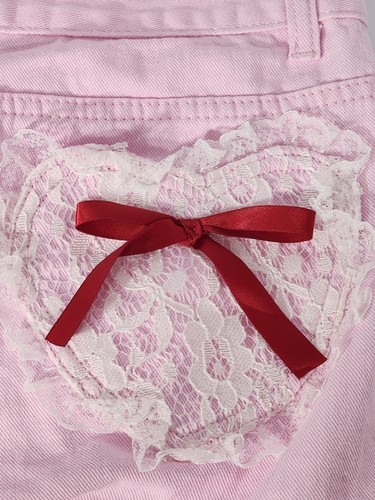 ROMWE Kawaii Hot Pants Lace Decorated Red Bowknot Pink Denim Shorts Womens Med/6 - Picture 6 of 15