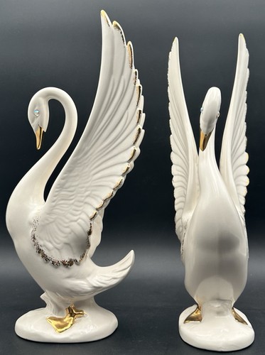 Vintage Swan Figure Pair MCM Art Deco Pottery Rhinestone Eyes Gold Highlights - Picture 13 of 16