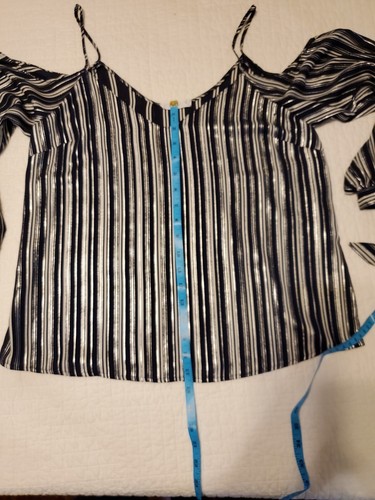 Lush Striped Black Silver White Long Sleeve Cold Shoulder Top Size Med EUC - Picture 8 of 11