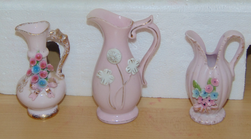 Lot of 3 Vintage 4" Pink Porcelain Miniature Ewers w/Applired Flowers-#49
