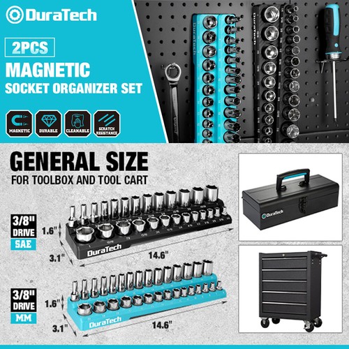 DURATECH Magnetic Socket Organizer Set 2PCS 3/8" Drive Socket Holders SAE&Metric - Picture 7 of 13