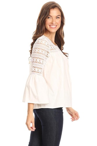 Sleeve Blouse Crochet Lace Cotton amp; white Bell 1030 qHpawAHX
