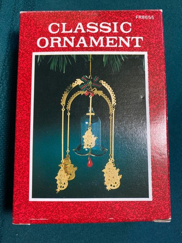 Vintage Wang's International Ornamento Muñeco de Nieve 1989 Tono Dorado Colgante Vidrio Campana CAJA - Imagen 14 de 14