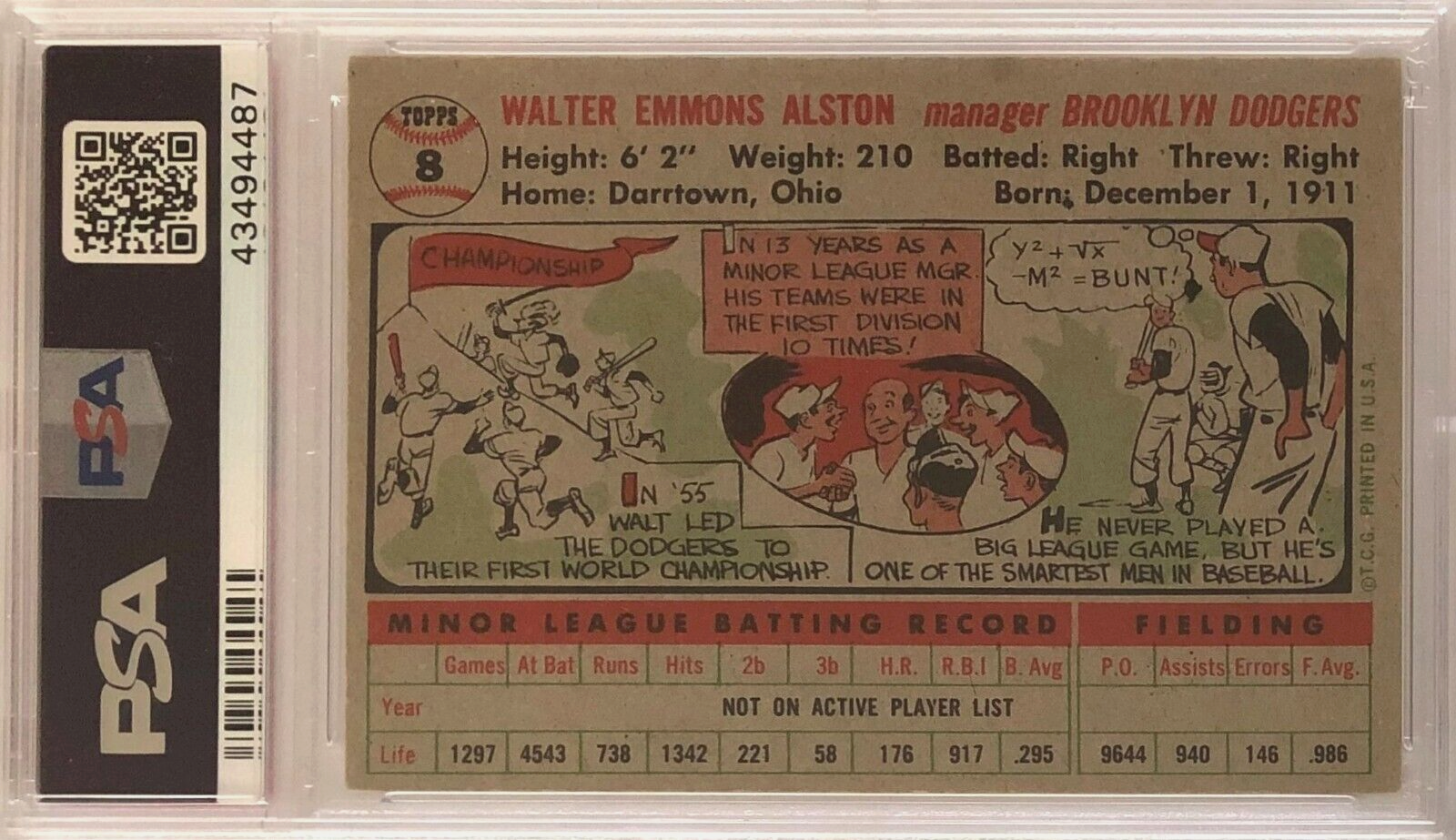 Walter Alston/Brooklyn Dodgers 1956 Topps Baseball Gray Back Card 8 Graded PSA 5 - Picture 2 of 2