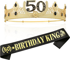 Gold Crown and Sash for 50TH Birthday King, Metal Birthday Party Decoration Men