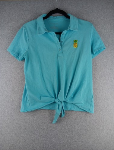 Talbots Top Womens Mp Medium Blue Petite Polo Shirt Pineapple Beaded Front Tie