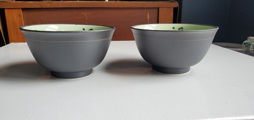 Ceramic Rice Bowls Green Glaze Inner Bowl/Matte Black Outer - Set of 2 - Picture 7 of 9