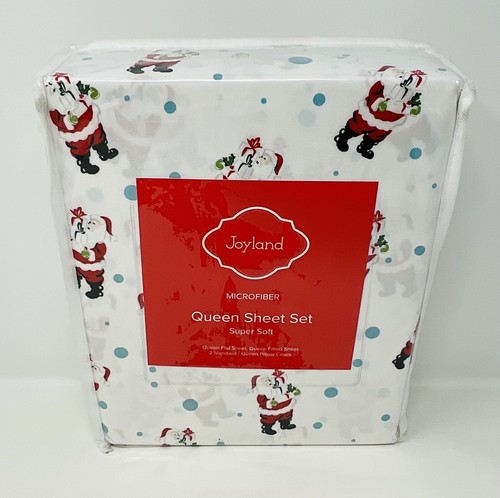 Joyland Queen Sheet Set (4 Piece) Microfiber Soft Holiday Santa Claus White NIP - Picture 9 of 12