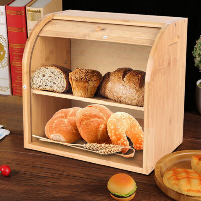 2-Layer Bread Box Bread Keeper Bamboo Wood With Lid Kitchen Storage Containers
