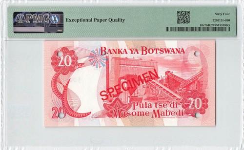 BOTSWANA 20 Pula 1982, P-10s2 SPECIMEN, PMG 64 EPQ Choice UNC E/2 000000, Scarce - Picture 2 of 2