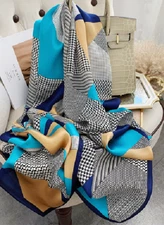 100% Silk Satin Scarf Women long neckerchief Shawl Wrap Geometric blue G15-10