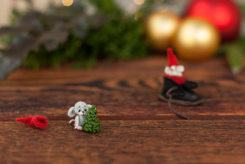 Handmade Miniature Crochet Mouse with Red Hat – Tiny Christmas animal Figurine - Picture 2 of 9