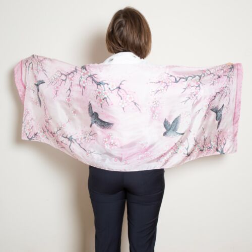 Cherry Blossoms Hand Painted Silk Scarf Pink Sakura Floral Scarf Birthday Gift - Picture 7 of 12
