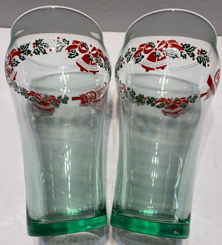 Vintage Coca-Cola Green Glass Coke Glasses Set Of 2 Holiday Christmas Holly - Picture 3 of 6