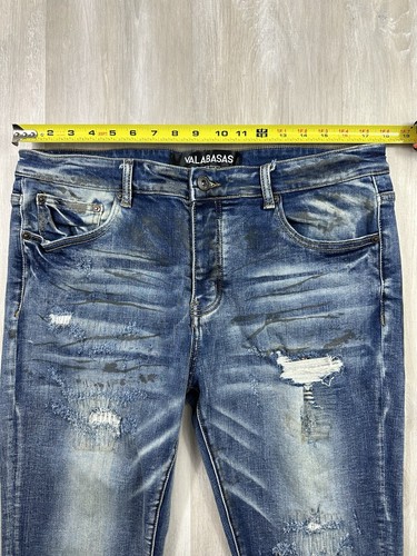 Valabasas Jeans Mens 36x31 Dark Blue Denim Skinny Button Fly Ripped Distressed - Picture 9 of 13
