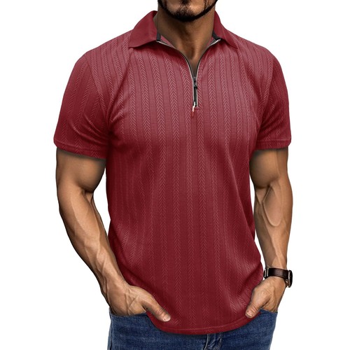 Hombres Camisa Polo Manga Corta Solapa Cremallera Verano Top Pull On Informal Camiseta a Rayas - Imagen 7 de 10
