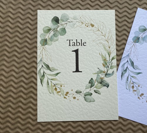 MESA NÚMEROS DE MESA CORONA DE EUCALIPTO A6 tarjetas verde follaje dorado rústico boda - Imagen 2 de 11
