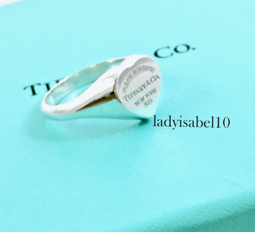 Sz 7.25 Return To Tiffany & Co. Signet Heart Ring Ag925 Silver w/ Pouch - Auth. - Picture 7 of 11