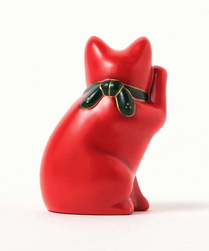 Japanese Hand Painted Lucky Cat SETO Maneki Neko 12cm Red Sit-Sideways Ceramics  - Foto 3 di 8