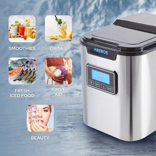 AREBOS Máquina de cubitos de hielo Acero inoxidable 2,2L LCD Hielera 12KG/24h - Imagen 9 de 13