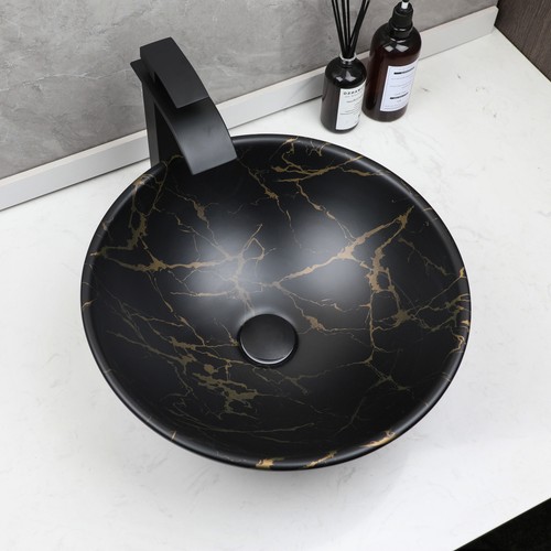 17" Schwarz Badezimmer Gefäß Waschbecken Rund Marmor Keramik Becken Schüssel mit Wasserhahn Ablauf - Bild 6 von 13