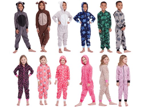 Kids Boys Girls Childrens Hooded Onezee Pyjamas Pjs Sleep Jumpsuit Onezie Size - Afbeelding 1 van 55