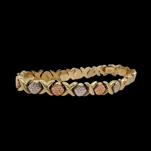Hollow 9ct 3-Tone Diamond Cut Pattern Fancy Link Bracelet 19.5cm 9.3g Preloved - Picture 12 of 18