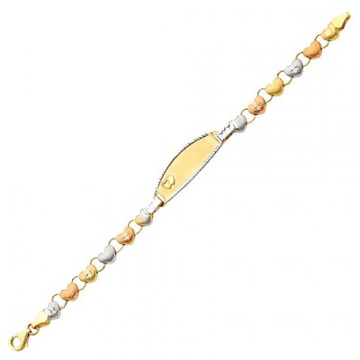 Solid 14k Yellow White Rose Tri-Gold Stampato Heart ID Name Bracelet
