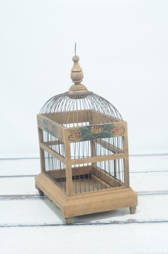 Antik . Vintage viktorianischer Vogelkäfig antik gelb/grün Tole bemalt Holz - Bild 9 von 12