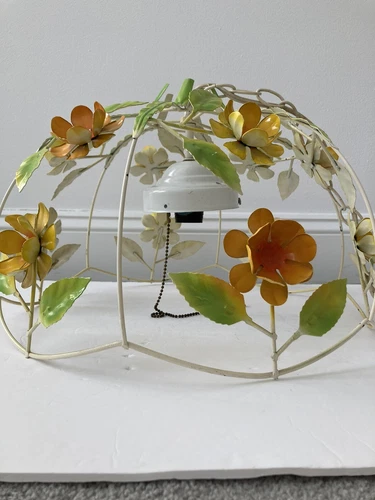 Vintage Mid Century MCM Tole Metal Flower Daisy Birdcage Chandelier Swag Light!