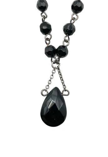 Gothic Dainty Black Beaded Teardrop Pendant Necklace Choker 18" Silver Tone GUC