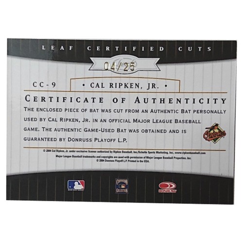 Cal Ripken Jr 4/25 2004 Leaf Certified Cuts Authentic Signature AUTO Used Bat F - Picture 6 of 12