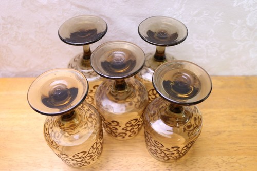 Vintage Prado 5 Water Goblets 10 oz Brown Scrolls on Brown Glass 5 7/8 " - Picture 5 of 5