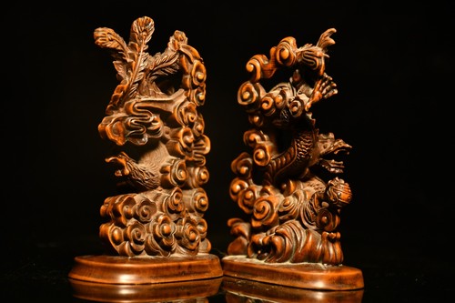 Estatua china de boj natural tallada a mano Exquisito dragón y fénix 50238 - Imagen 8 de 8