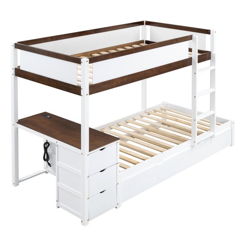Twin-Over-Twin Bunk Bed with Twin Trundle Storage and Desk White& Walnut WQ-261 - Picture 5 of 9
