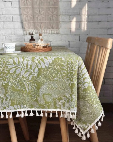 Green Flowers Embroidery Vintage Elegant Tassels Tablecloth Mesh Dining Table - Picture 9 of 27