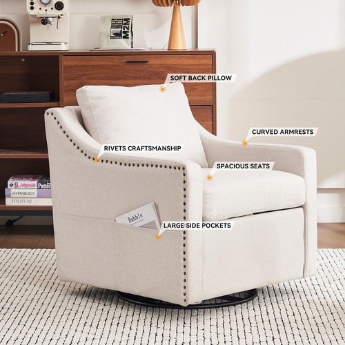 011-Linen Fabric 360° Swivel Accent Chair with Upholstered,One Back Pillow,Armre - Picture 3 of 12