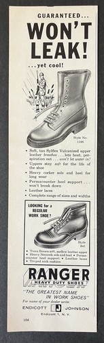1959 Ranger Heavy Duty Shoes Won't Leak Yet Cool Endicott Johnson Vtg Print Ad