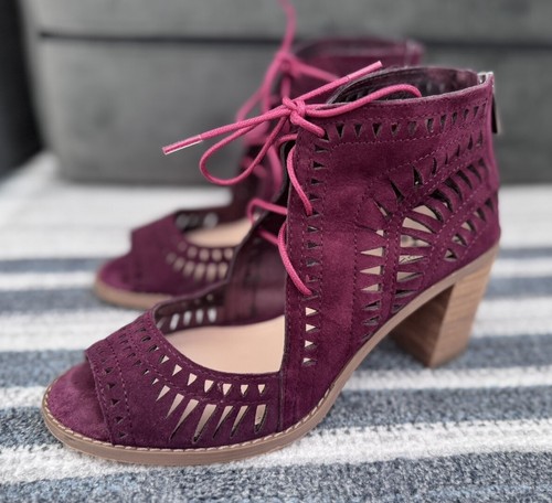 Vince Camuto Tarita Lace Up Burgundy Suede Heel Sandal Sugar Plum Sz 6 - Used - Picture 3 of 12