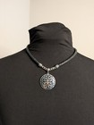 Bohemian Silver Tone & Black Leather Round Pendant Necklace
