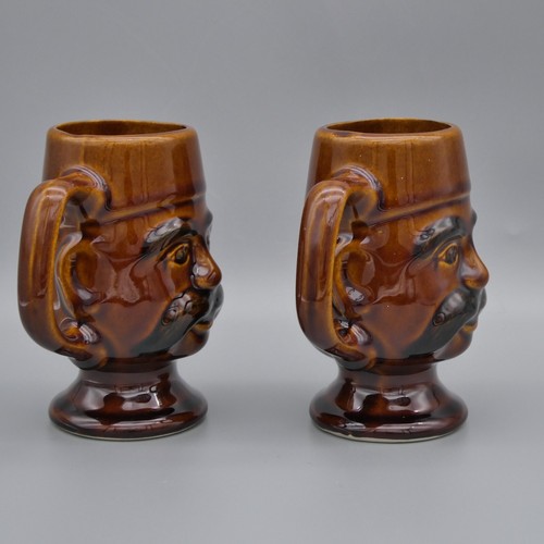 Taza de pedestal vintage cara de hombre 7 oz taza 3D alivio figurativo marrón cerámica par - Imagen 5 de 13